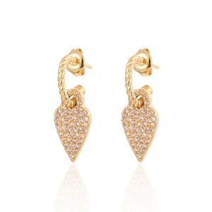 Gold bohemian heart drop earrings with twisted rope hoop and micro-pave cubic zirconia