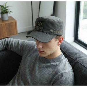 Detail of military style charcoal gray flat top cap with Air Force embroidery on cotton
