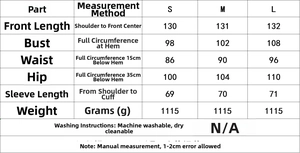 Size chart for women's belted lapel wool coat with measurements for S, M, and L sizes