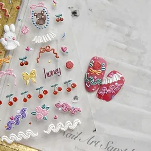 Detail of 3D embossed nail stickers with cute rabbit, bear and cherry patterns