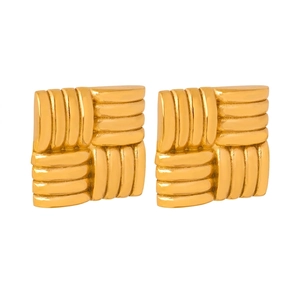Titanium Steel Square Stud Earrings With Braided Texture Gold Plated Geometric Vintage Jewelry For Women