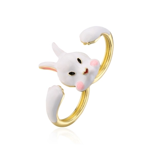 Creative 18K gold plated rabbit open ring with white enamel and zircon accents