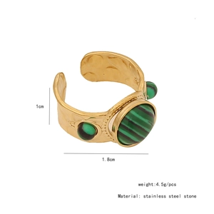 Detail showing dimensions of vintage gold stainless steel ring with green malachite stones