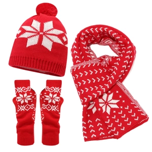Winter 3-piece knit set with red Christmas snowflake patterns, hat, scarf, and gloves