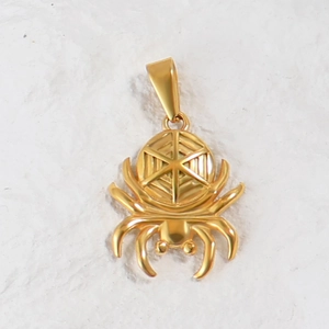 Detailed close-up of 24K gold plated spider pendant with intricate web pattern texture
