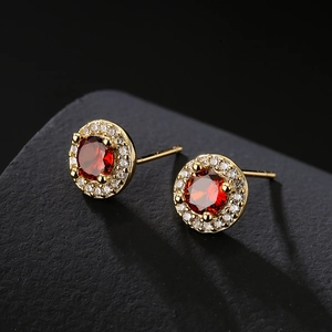 Classic 18K gold plated halo stud earrings with a red round zircon center stone