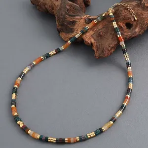 Bohemian Natural Stone Beaded Choker Necklace For Women Handmade Multi Color Indian Agate Contrast Copper Jewelry Gift