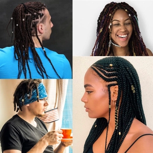 Detail showing various spiral hair coils and rings styled on different braided hairstyles
