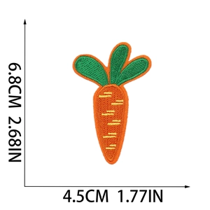 Detailed view of carrot embroidery patch with precise dimensions in cm and inches