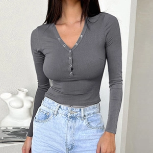 Slim fit grey V-neck ribbed knit long sleeve top with decorative buttons for women