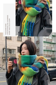Detailed close-up of rainbow plaid mohair scarf texture and tassel trim with lifestyle view