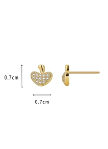 Macro detail of apple-shaped gold earrings with micro-set white cubic zirconia stones