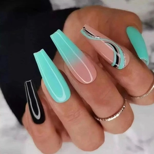Long Coffin Press On Nails Mint Green Black Contrast Wave Lines Silver Glitter Gradient Artificial Nails For Women