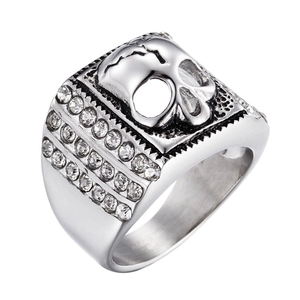 Skull Head Ring Stainless Steel Inlaid White Zircon Gothic Punk Hip Hop Rock Biker Jewelry For Men