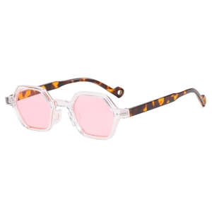 Classic hexagonal pink lens sunglasses with tortoiseshell temples in a 45-degree angle view