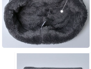 Detail of warm grey knit hat showing soft thick fleece lining and durable exterior texture