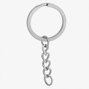 Close-up of silver 304 stainless steel key ring with split circle and short chain link