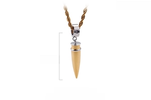 Detailed bullet pendant necklace with vacuum plated 18K gold and 34x9mm size specs