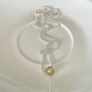 Minimalist 925 sterling silver ball chain necklace with golden geometric square pendant