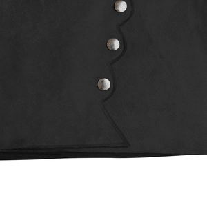 Detail view of black faux suede skirt with silver buttons and scalloped hemline