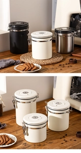 Detail view of 304 stainless steel airtight canisters in a cozy kitchen setting