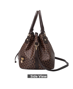 Side view detail of retro bucket bag featuring brown geometric pattern and leather handles