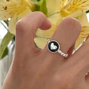 Heart Shape 925 Sterling Silver Ring With Black Enamel Beaded Band Open Adjustable Minimalist Sweet Cool Style For Women