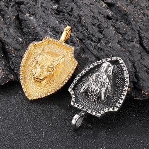 Gothic wolf head shield pendants in gold and silver with sparkling rhinestones for men