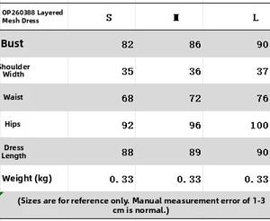 Size chart for mesh patchwork dress showing bust, waist, hip and length in S, M, L