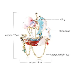 Fashionable colorful sailboat brooch with rhinestones and metal tassels for women