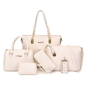 6-piece cream faux leather tote bag set with textured finish for women