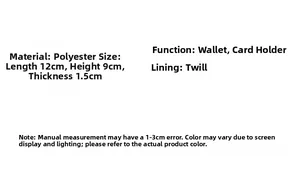 Detailed technical chart showing size 12x9x1.5cm and polyester fabric material specs