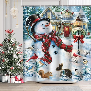 Detailed view of snowman and animals illustration on a Christmas shower curtain