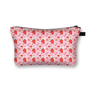 Cute pink strawberry and bow print cosmetic bag with large capacity and zipper