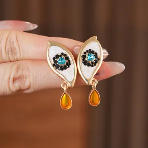 Vintage evil eye heart earrings with blue crystal and amber waterdrop pendant