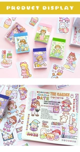 Detail view of cute cartoon washi stickers and decorative scrapbook paper in pastel colors