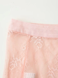 Detailed close-up of pink lace fabric texture and elastic waistband on the skirt