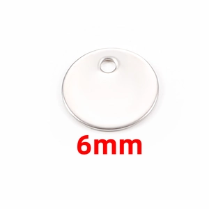 Detailed view of a 6mm round stainless steel tag pendant for DIY jewelry making