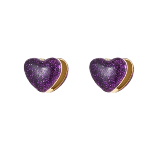 Sparkling purple heart stud earrings with gold plating and glittery resin finish