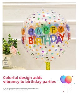 Close-up of 22-inch transparent birthday balloon with colorful confetti and gold stand