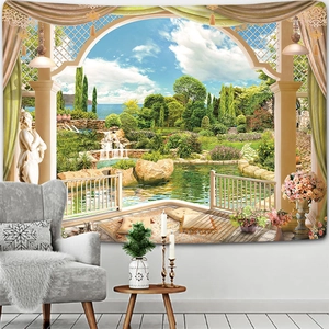 Italian garden landscape tapestry with arches and fountain scene for living room decor