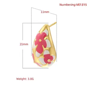 Teardrop gold earrings with pink floral enamel design and detailed size dimensions