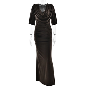 Elegant deep brown cowl neck maxi dress with ruched bodycon fit for formal occasions