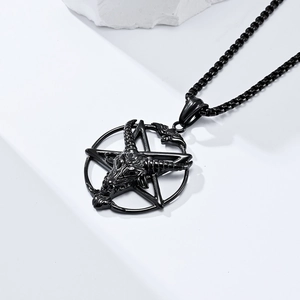 Retro stainless steel black goat Baphomet pentagram pendant necklace on white background