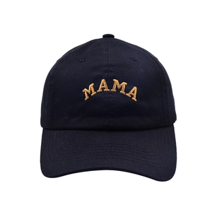 Navy blue cotton baseball cap with gold MAMA embroidery and curved brim in front view