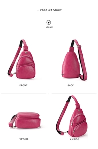 Four-angle views of rose red PU leather chest bag with silver metal zippers and black straps