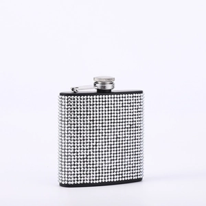 Portable 6oz black hip flask with sparkling silver rhinestones and metal screw cap