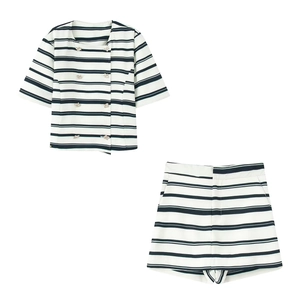 Women Striped Short Sleeve Top And Bottom Elegant Casual Early Spring Double Breasted Buttons Polyester Clothing Set