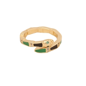 Adjustable golden snake ring featuring green and black enamel with sparkling zircon accents