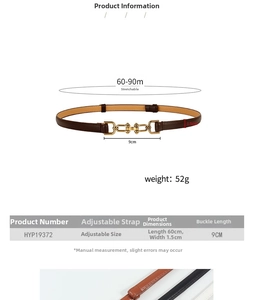 Size chart showing adjustable brown belt dimensions 60-90cm with bronze buckle details